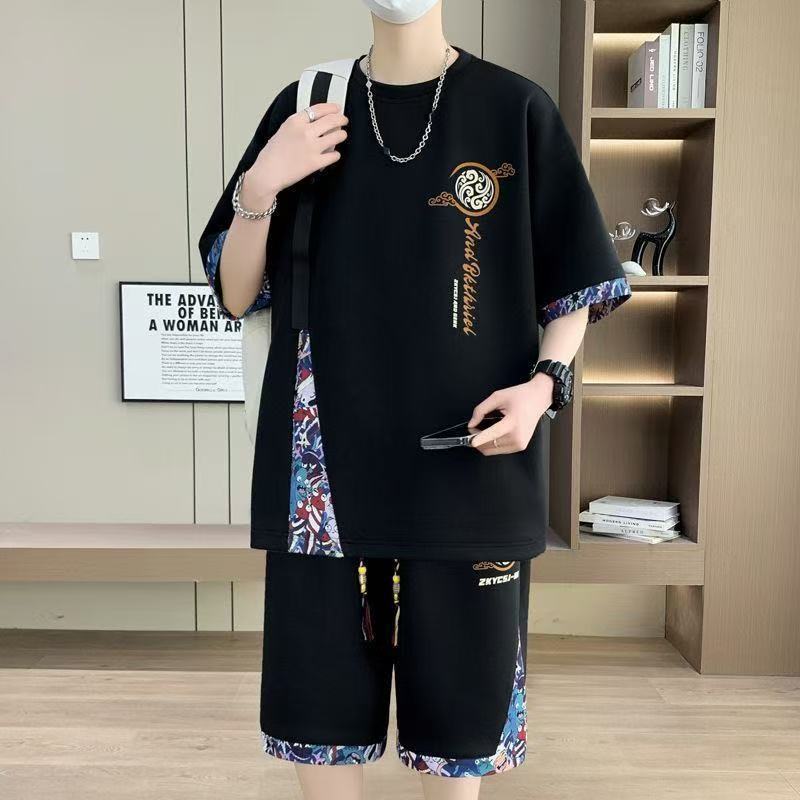 新しい中国風の半袖Tシャツメンズ夏七分袖カジュアルスポーツスーツ男の子着用ショートパンツセット|undefined