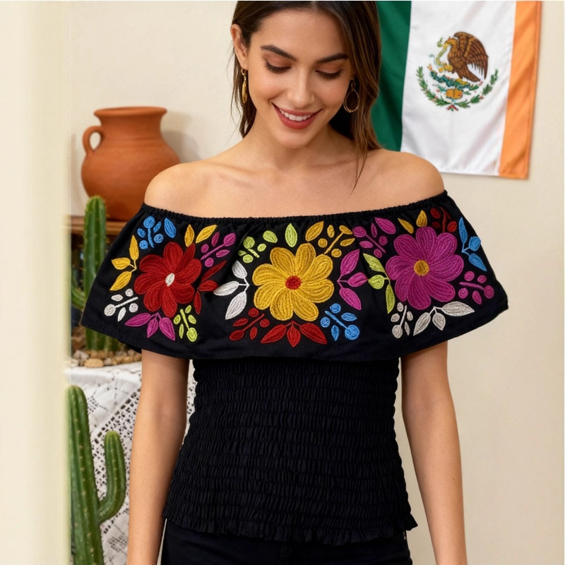 European and American Cross-Border Women's Clothing Mexican Style Colorful Embroidered One-Shoulder Top Holiday Style Waist-Cinching Off-Shoulder Short Sleeves