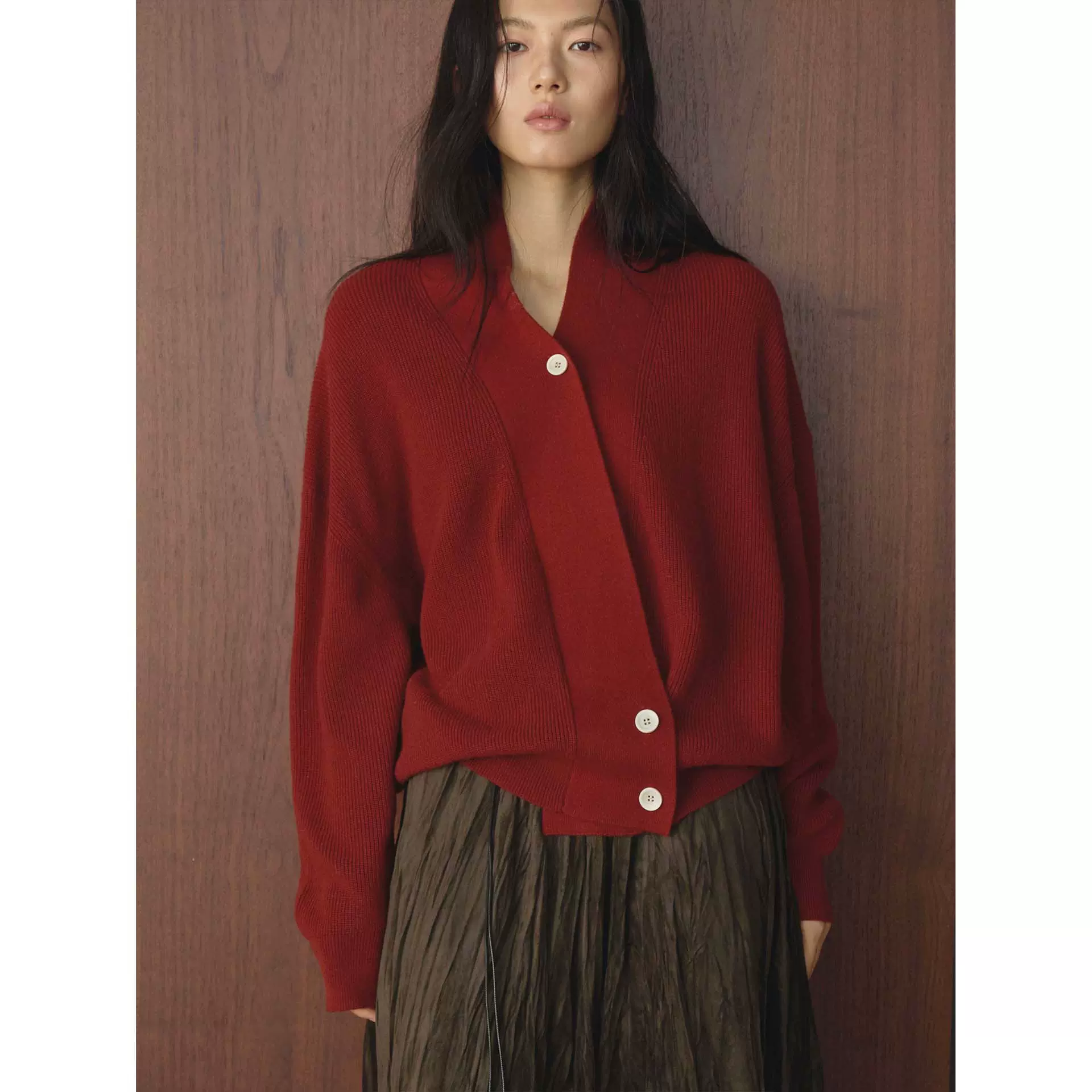 卢浮冬季新款韩版时髦INS风V领羊毛针织开衫廓形宽松显瘦上衣女