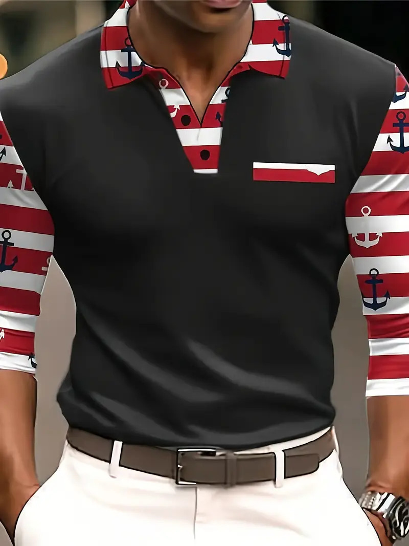 Primavera y verano estilo delgado diseño de alta calidad Volkswagen geométrico colorido manga larga solapa botón POLO camisa MB14