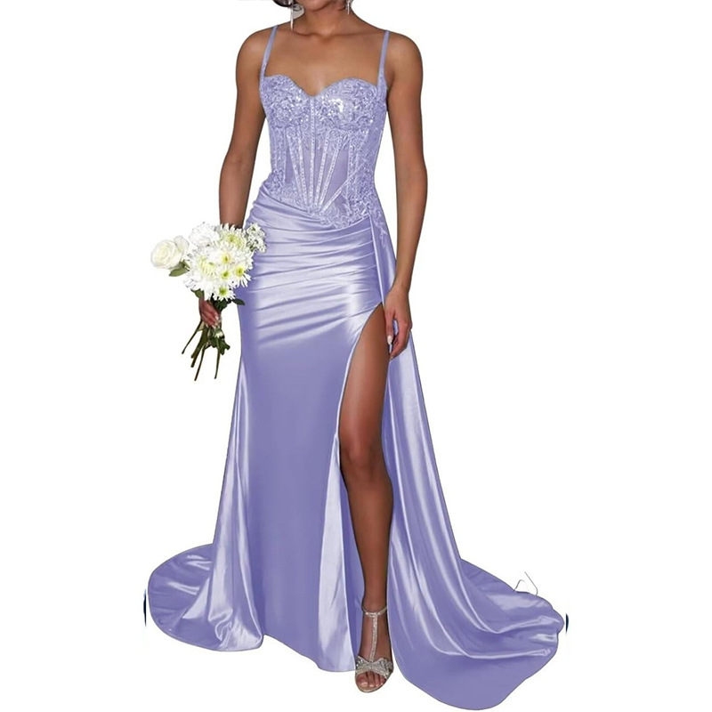 Vestido de noche sexy dividido de satén Vestido largo de tubo transfronterizo europeo y americano con cintura de espina de pescado Vestido delgado Falda larga image 12
