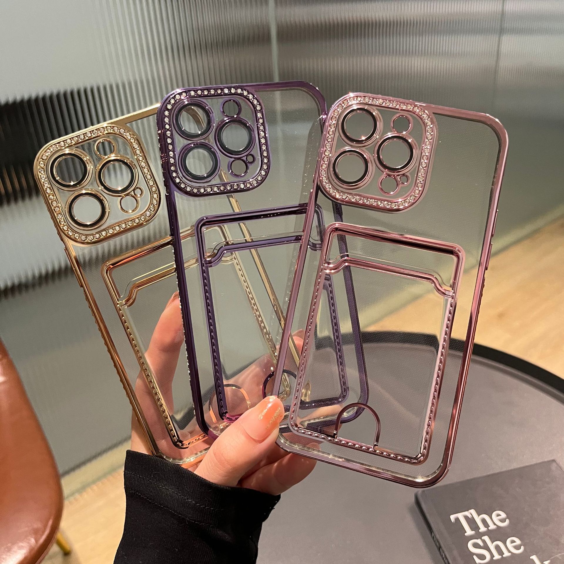 Suitable for iPhone 14 PROMAX Luxury Diamond Electroplated Bag Lens Film Phone Apple 13 Card Insert Soft Case_voghion.com