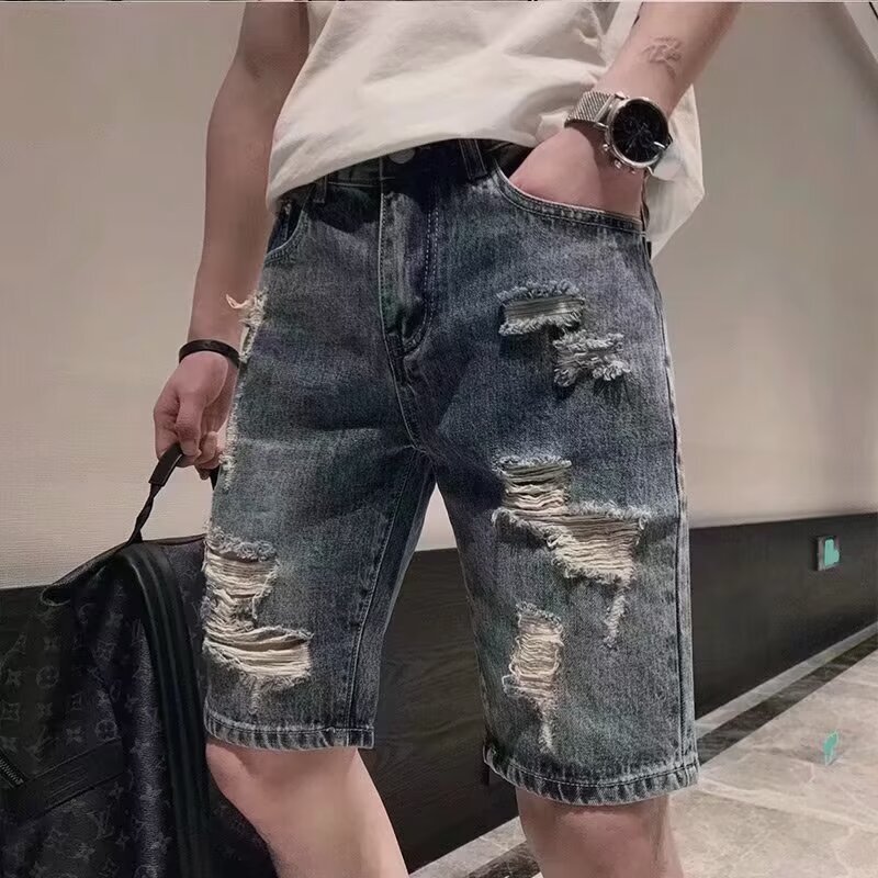 Ripped Denim Shorts Trendy Brand Yipi Shuai Fried Street Men's Summer Loose Straight Pants All-match Five-point Jeans