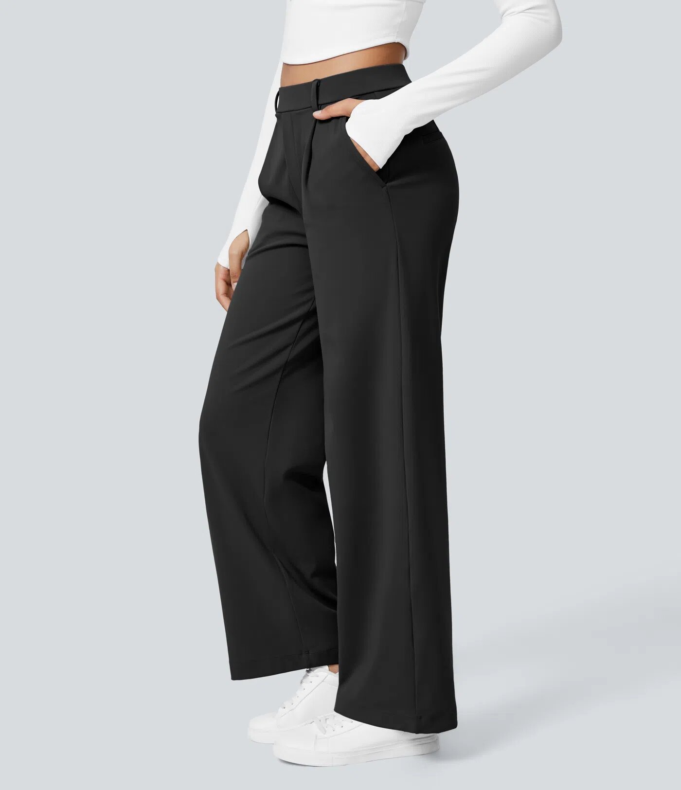Elegant High-Waisted Straight Leg Pants For Women – Stretchy Office & Casual Trousers, Lightweight Breathable Fabric, Comfort Fit (Light Gray)_ecoleips.com