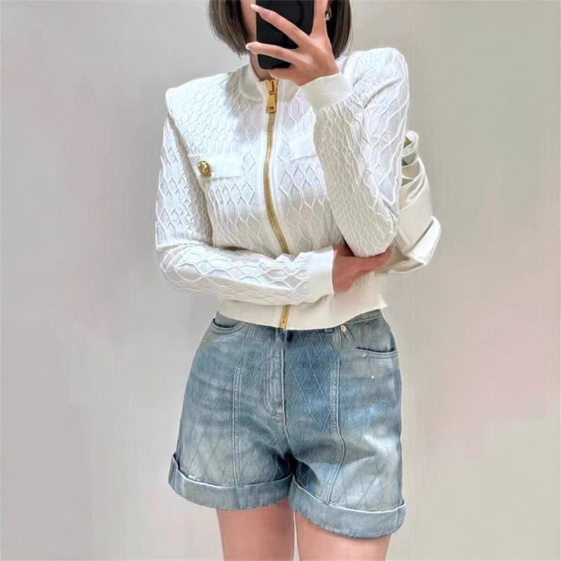 2025 Autumn and Winter High-End Rhombus Gold Buckle Fashionable Zipper Jacket Round Neck Knitted Cardigan for Women