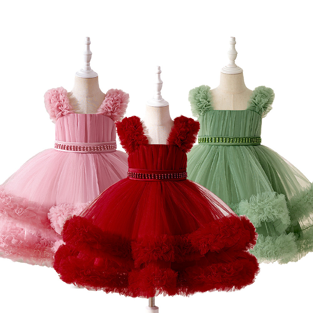 Vestido de malla para niños al por mayor exclusivo transfronterizo, vestido de princesa hinchado, vestido de ropa para niños grandes, ropa de un año para niñas