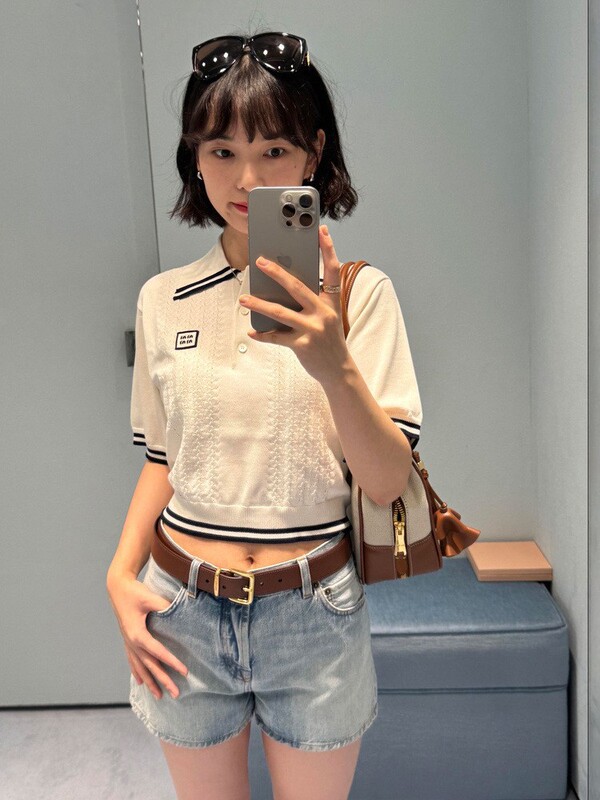 南油高货 明星同款学院风M字母徽标翻领镂空短袖针织衫polo衫女|undefined