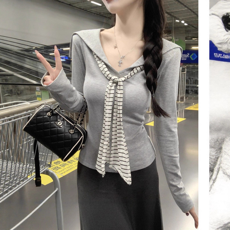 Designed Elegant Women's Knitwear Early Autumn New Korean Style Contrasting Stripesd Navy Collar Ribbon Long-Sleeved T-Shirt Top