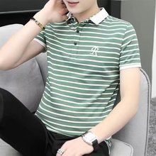 夏季新款男士短袖T恤男韩版翻领POLO衫潮流青年条纹半袖男装上衣