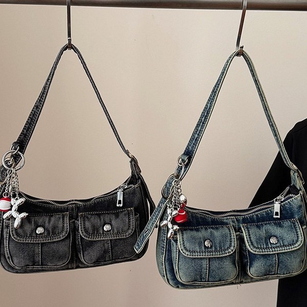 Zhongshishang Underarm Bag 2025 New Retro Distressed Denim Bag Small Hot Girl Baguette Bag Commuter Shoulder Bag - Thumbnail 3