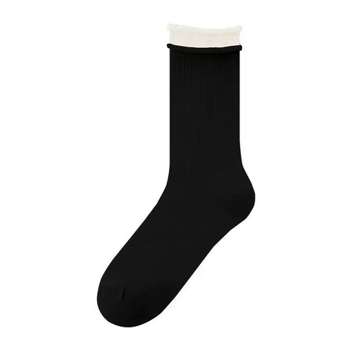 Minimalist Striped Socks with Rolled Edge, Retro Korean Style, Stackable and Versatile Mid-Calf Socks