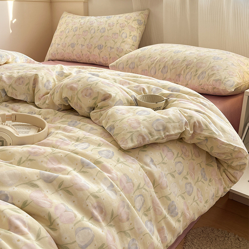 Cama de algodón de hilo de doble capa de cuatro piezas 100 algodón 2025 nuevo estilo funda de edredón sábana ropa de cama individual de tres piezas