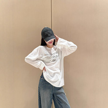 明星同款25新款1996字母烫金烫钻宽松棉麻长袖T恤防晒衫男女同款