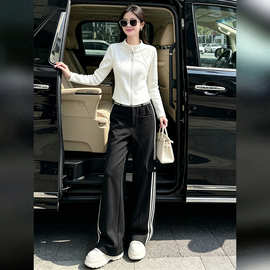 时尚流行休闲套装女2026秋新款白色长袖开衫外套高腰阔腿裤两件套
