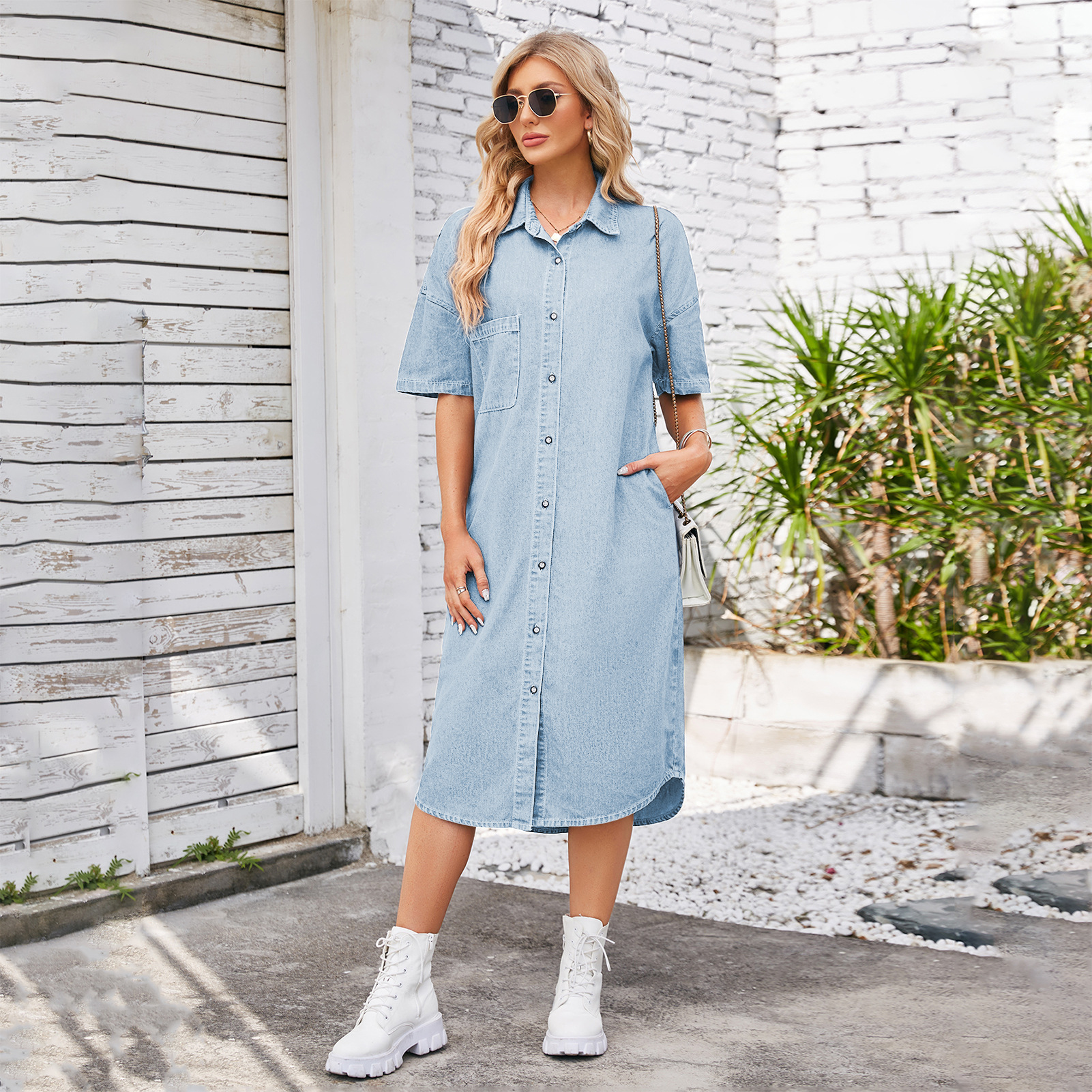 Women Spring Washed Loose Denim Short Sleeve Dress
