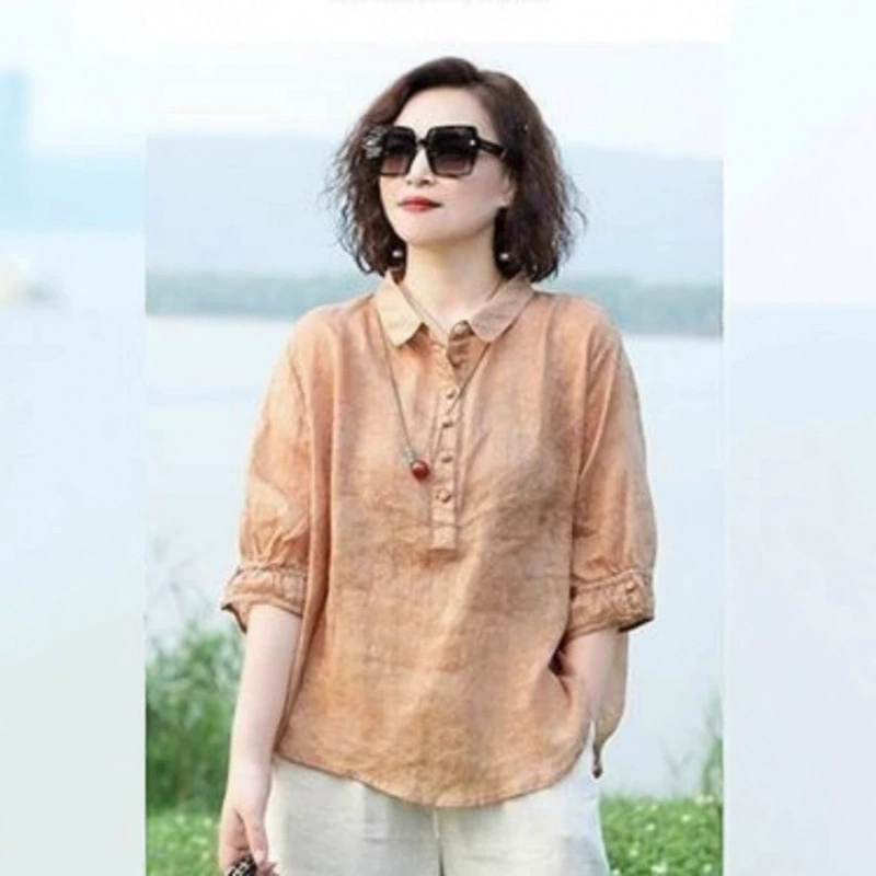 Новая женская рубашка с жаккардовыми лацканами, модная женская рубашка со средними рукавами в стиле ретро, ​​тонкая рубашка для похудения и прикрытия тела.