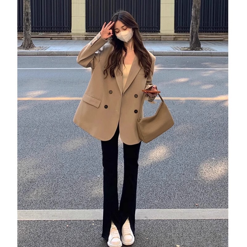 Double-breasted Casual Style All-match Elegant Suit Top Commuter Mid-length Loose Suit Jacket for Women A3128