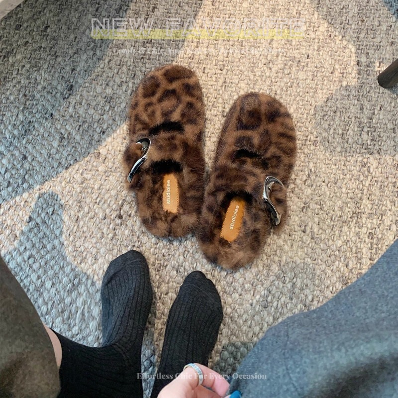 First-Layer Leather Version in Stock, Ships Instantly! Same Style Furry Leopard Print Thick-Soled Buckle Strap Warm Furry Slippers Birkenstock Shoes