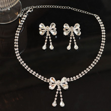 日韩时尚甜美新娘镶钻蝴蝶结项链耳环套装颈链闪钻满钻婚纱配饰