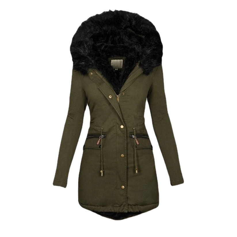 Transfronterizo deseo Amazon ropa de mujer europea y americana de otoño e invierno de color sólido Cuello de piel con capucha de longitud media cálido abrigo de algodón acolchado para las mujeres