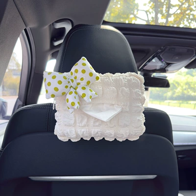 Car tissue box/set Fresh Style with Bow, Tissue - polka-dot-bow-white-fruit-green-puff-tissue-box
