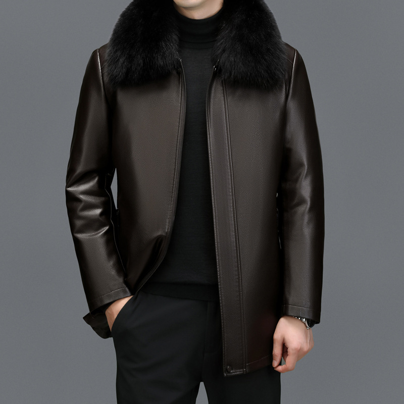 Genuine leather men's mid-length thickened sheepskin down jacket fox fur collar men's leather jacket dad wear