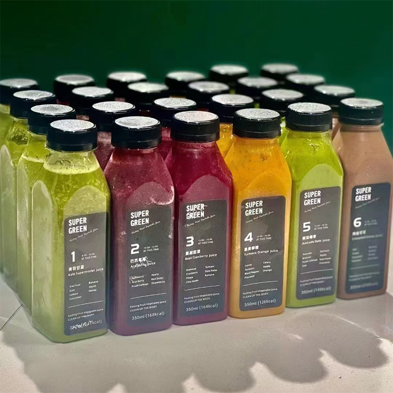 Botella de jugo de frutas y verduras en ayuno ligero, botella de agua supermodelo, botella de bebida desechable, taza de plástico recién exprimido PET, taza de té con leche