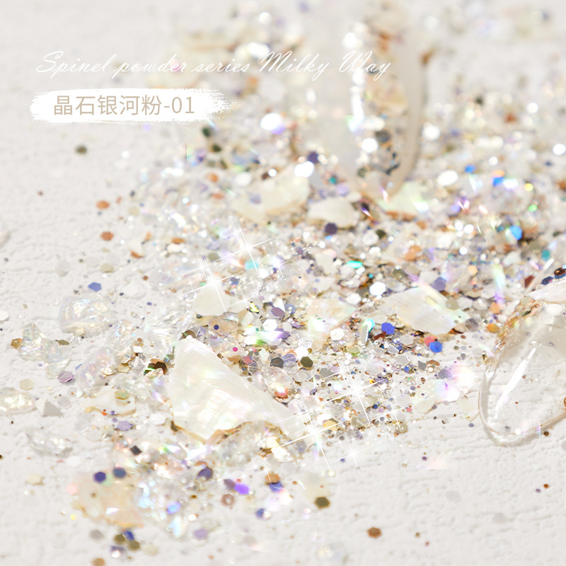 Polvo de cristales galácticos de moda en TikTok 2025, nuevas decoraciones de uñas con purpurina deslumbrante, venta al por mayor del fabricante.