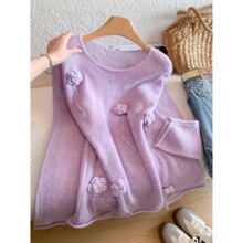 春季立体重工手工钩花宽松马海毛毛衣慵懒风感松弛上衣女