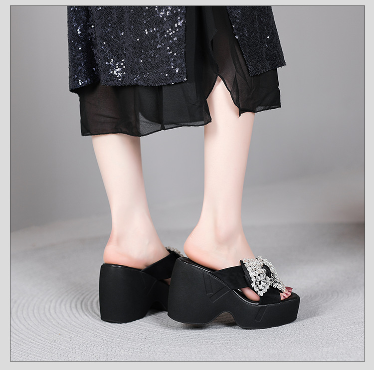 Sandal cao gót nữ đính đá hở mũi quai chéo nơ bướm đế dày — màu đen chi tiết 8