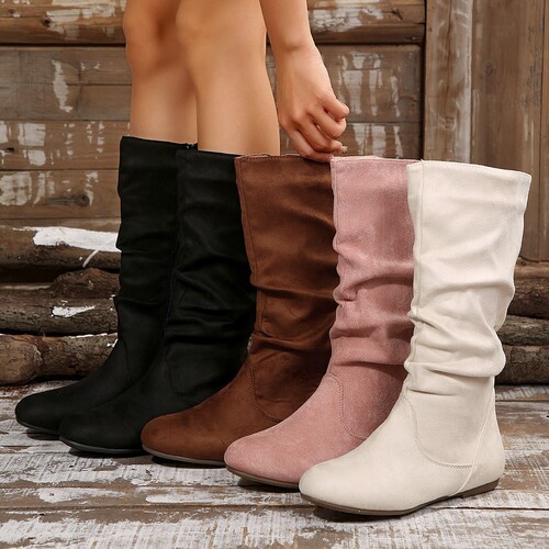 Cross-border wholesale plus-size mid-calf boots for women—autumn/winter new arrival: side-zip pleated stacked boots with flat soles and suede finish, Western-style boots.