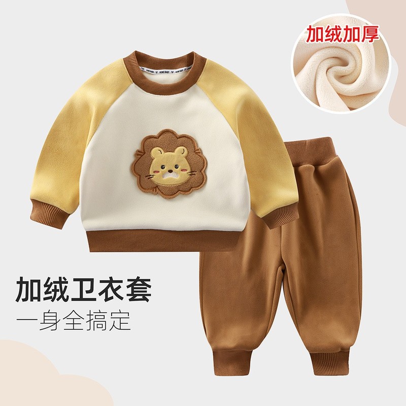 子供用フリーススウェットシャツスーツ、中小型子供用厚みのあるベビートップスとパンツ、男の子と女の子の冬用ツーピースセット卸売|undefined