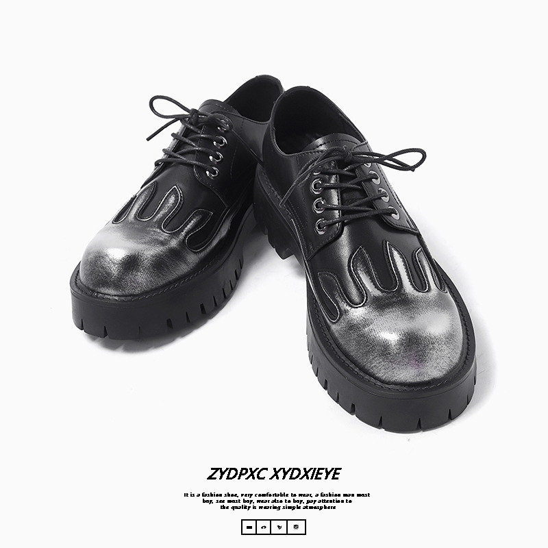 Unique Flame Design Thick Sole Trendy 2024 New Worn out Colored Casual Big Head Leather Shoes 9520-X_voghion.com