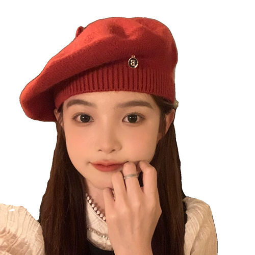 [Zhirou] Red knitted beret hat for women in autumn and winter, large head circumference, face-showing, small versatile painter hat