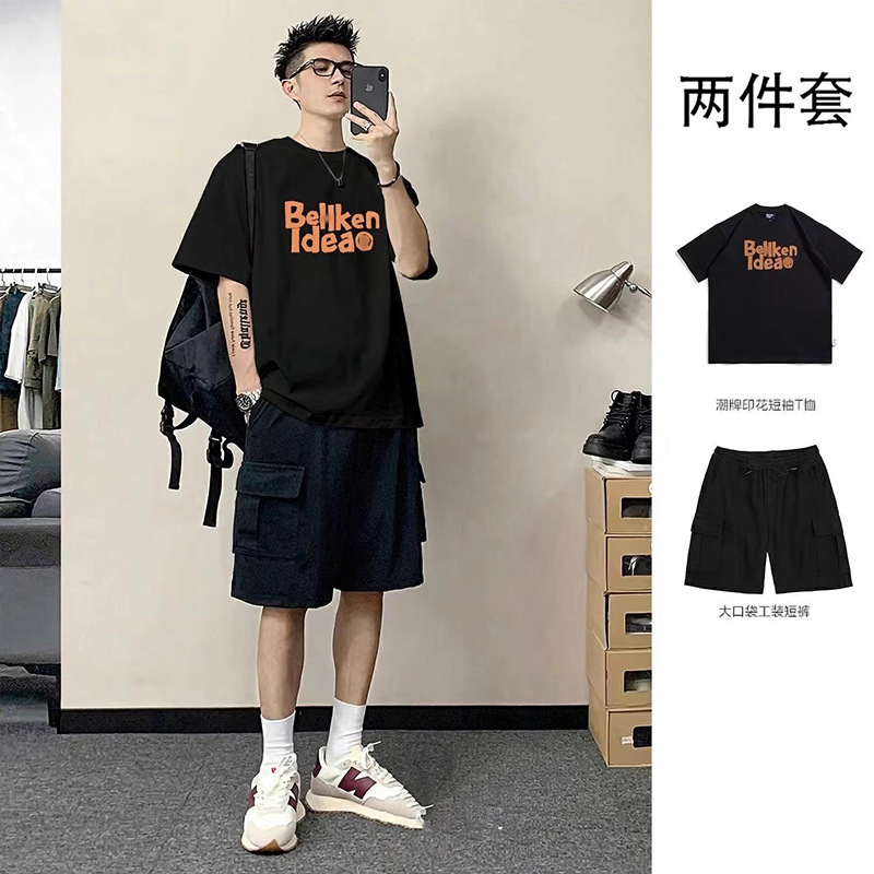 Japanese-Style Trendy Brand Short-Sleeve T-Shirt Men's Summer Set Loose Fit Men's Clothing Set with Cargo Shorts