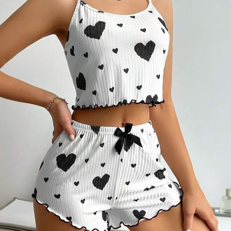 Summer New European and American 2024 Knitted Pit Strip Love Printing Design Sweet Sling Shorts Pure Pajamas for Women Summer New European and American 2024 Knitted Pit Strip Love Printing Design Sweet Sling Shorts Pure Pajamas for Women