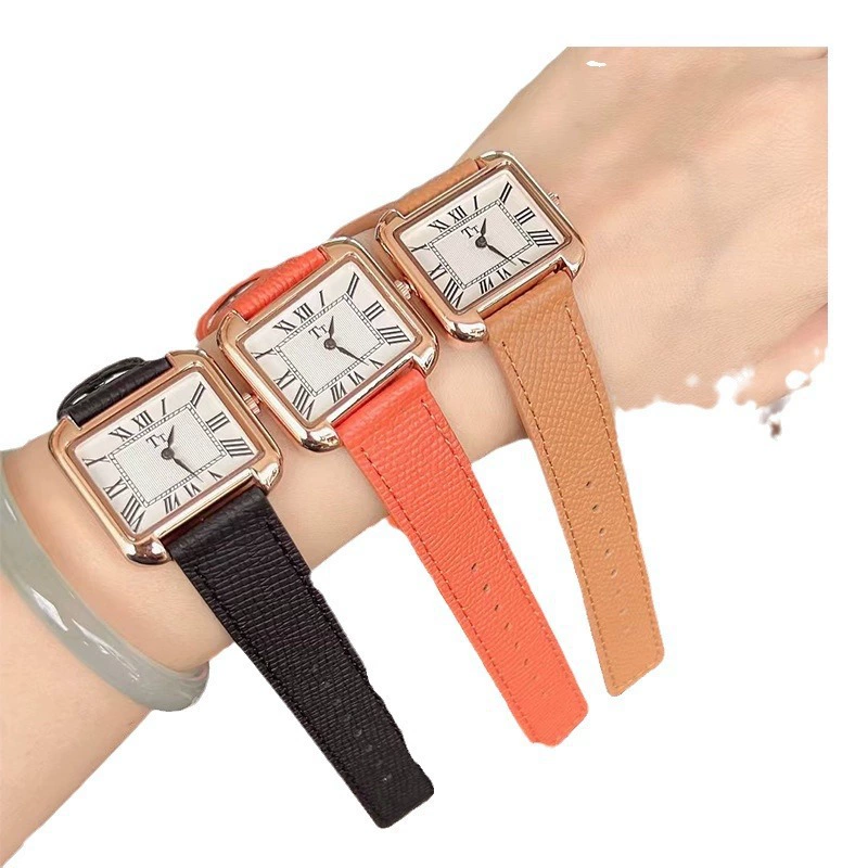 Retro square small square watch, belt, simple and elegant design, genuine leather