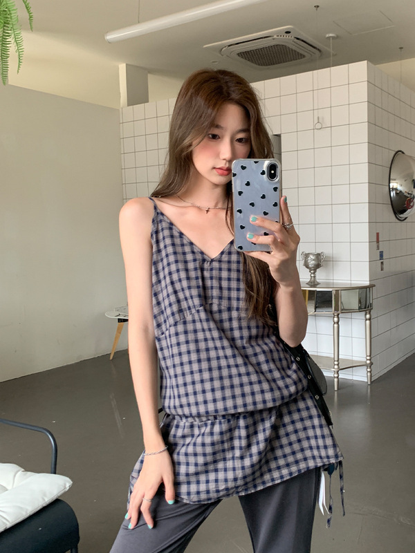 韓国カレッジスタイルのストラップ付きウエストロングノースリーブベスト、女性用、夏の年齢軽減Vネックスリムキャミソールトップ|undefined