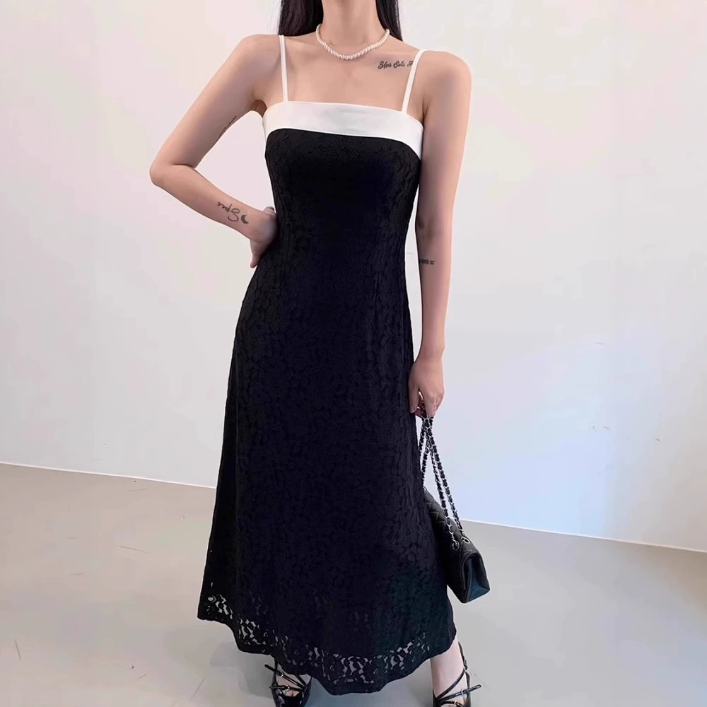 Корейское платье с контрастными цветными вставками и кружевными подвязками, женское летнее новое платье во французском стиле, элитная утягивающая длинная юбка