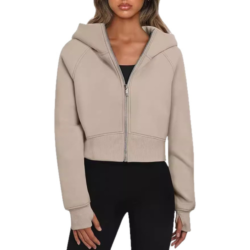 2024 European and American foreign trade cross-border women's clothing Amazon Hooded Zipper Short Sleeve Casual Padded Long Sleeve Sweatshirt