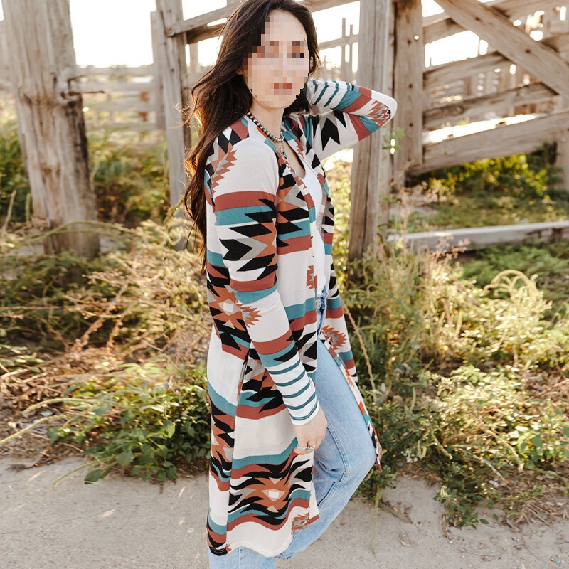 European and American Cardigan Jacket Women's Autumn and Winter Cross-Border New Western Fashion Striped Mid-Length Contrasting Knitted Jacket