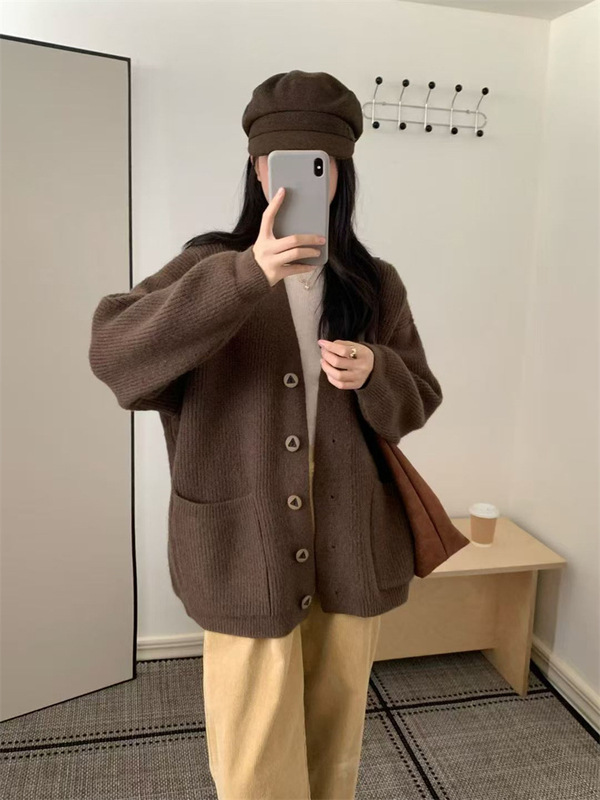 韩系秋冬新款休闲学院风针织衫女纯色宽松简约慵懒风开衫毛衣外套|undefined