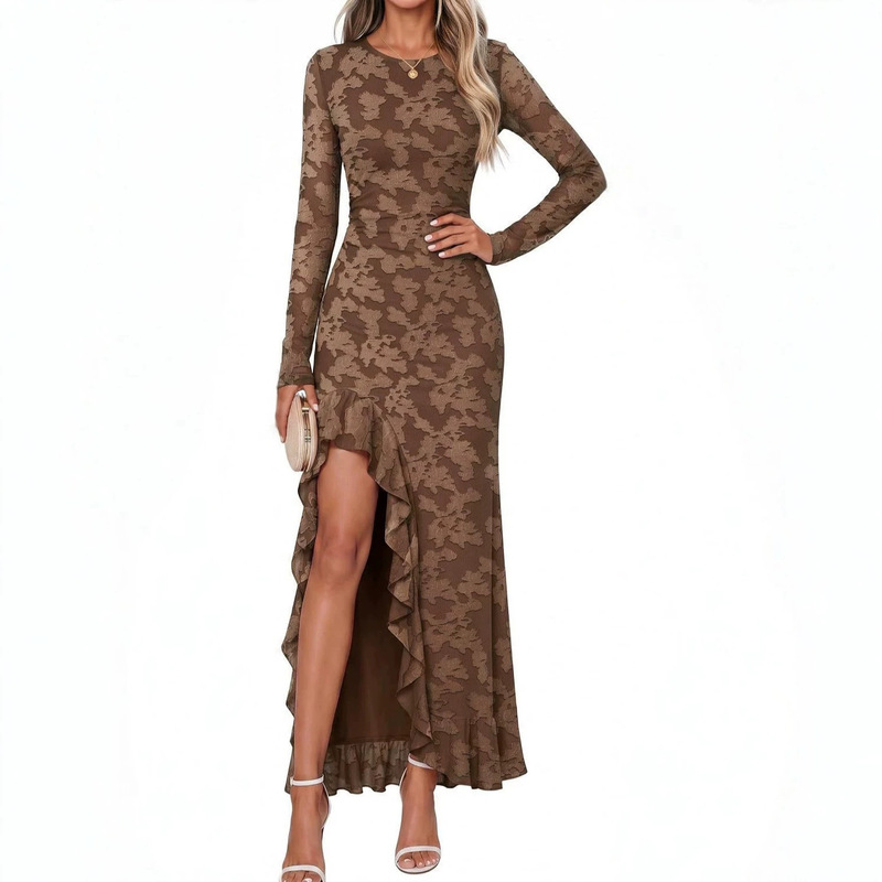 2026 Autumn New European and American Cross-Border Long-Sleeve Dress Ruffled Lace High-Slit Slim-Fit Floral Print Dress 2026 Autumn New European and American Cross-Border Long-Sleeve Dress Ruffled Lace High-Slit Slim-Fit Floral Print Dress