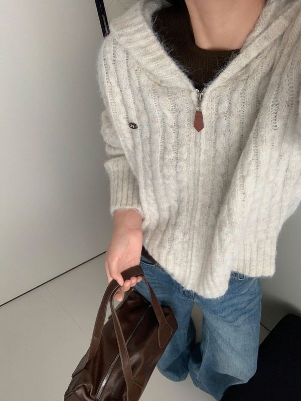 韩系穿搭连帽灰色针织开衫女慵懒高级感春秋宽松显瘦毛衣外套上衣|undefined