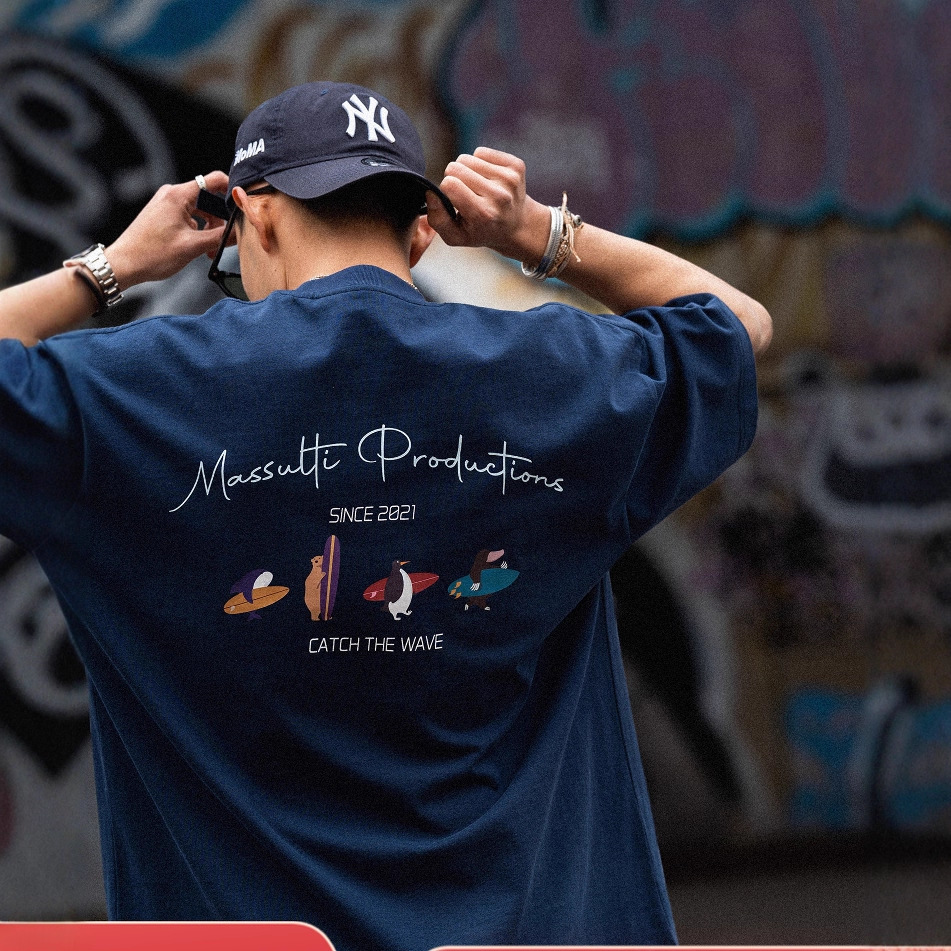 Msisualit Japanese-Style Summer New Fun Surf Print Loose Tee Base Pure Cotton Heavyweight Short-Sleeve T-Shirt