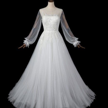 Wedding Dress for Women, White Long Tail Gauze Skirt, Lace Glitter Long-Sleeved Dress, Wedding Host Banquet
