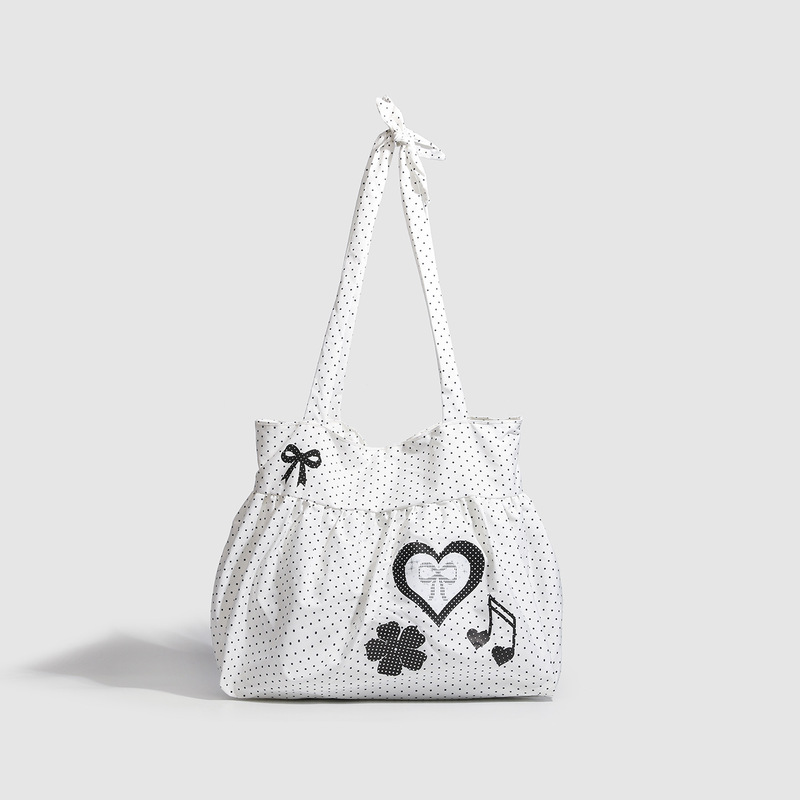 Korean Polka Dot Tote Bag, Cute Bow, Heart, Retro Note Shoulder Bag, Large Capacity Cotton Travel Outing