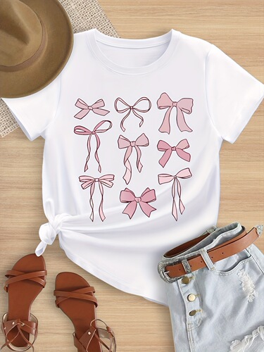 Cross-border foreign trade INS girl big kid pink bow print pattern girl summer short-sleeve T-shirt suitable for 5-14 years old