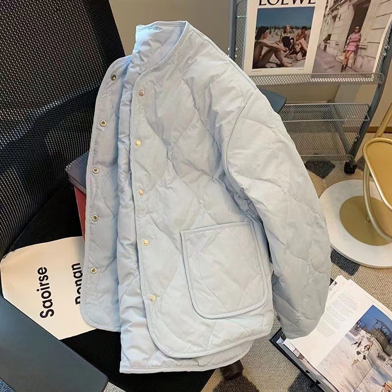 温柔风蓝色菱格棉衣棉服女冬季年新款设计感小众保暖夹棉外套|undefined