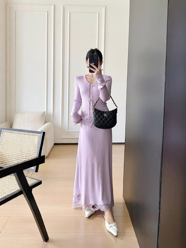 南油高端女装2025秋季新款浪漫浅紫色蕾丝花边针织套装时尚温柔风|undefined